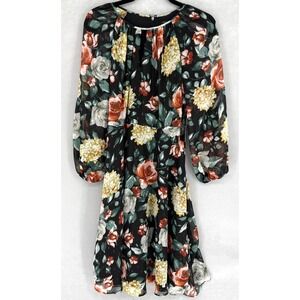 New Tahari Arthur S Levine Dress Womens 8P Black Floral Long Sleeve Chiffon Midi